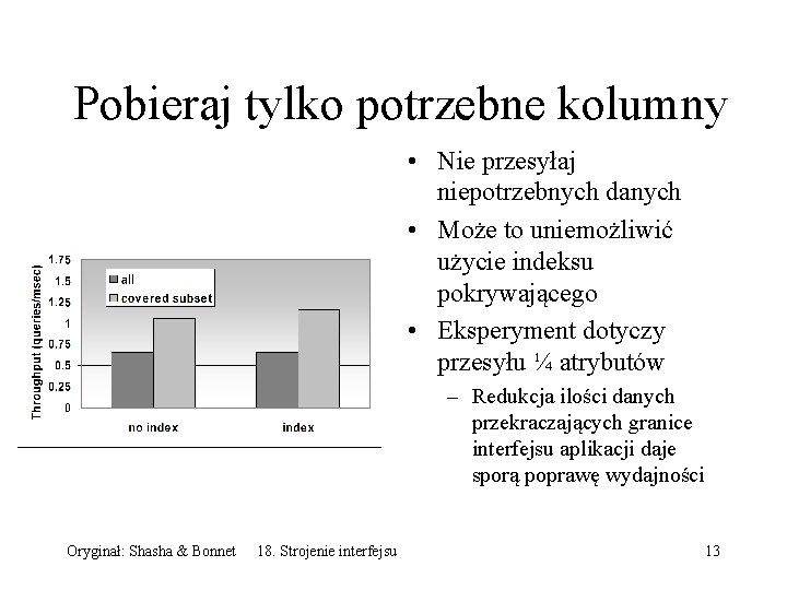 Pobieraj tylko potrzebne kolumny • Nie przesyłaj niepotrzebnych danych • Może to uniemożliwić użycie