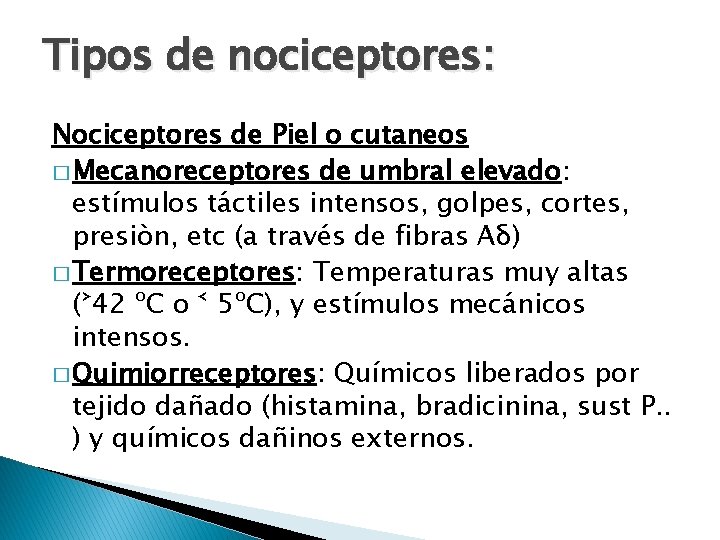 Tipos de nociceptores: Nociceptores de Piel o cutaneos � Mecanoreceptores de umbral elevado: estímulos