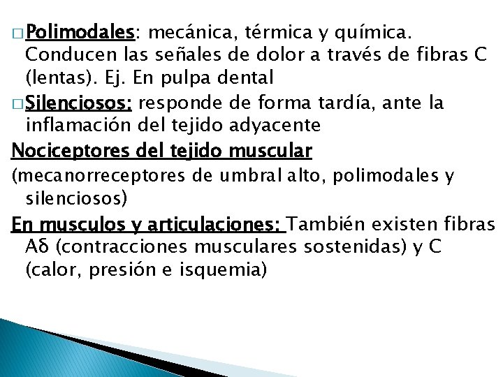 � Polimodales: mecánica, térmica y química. Conducen las señales de dolor a través de