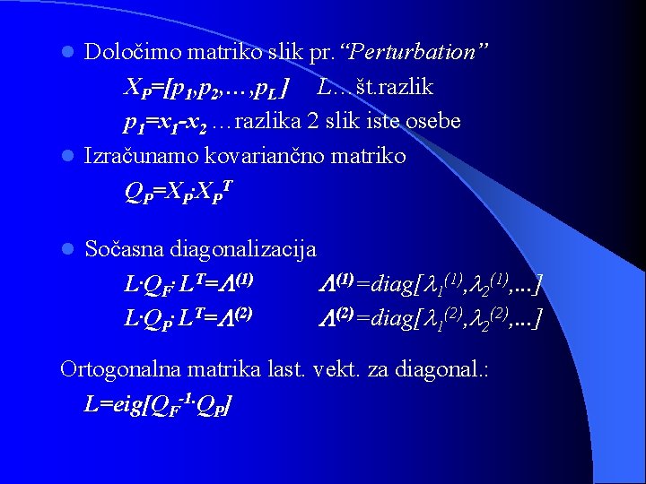 Določimo matriko slik pr. “Perturbation” XP=[p 1, p 2, …, p. L ] L…št.