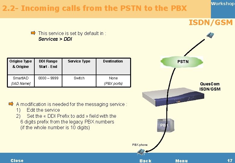 2. 2 - Incoming calls from the PSTN to the PBX Workshop ISDN/GSM This