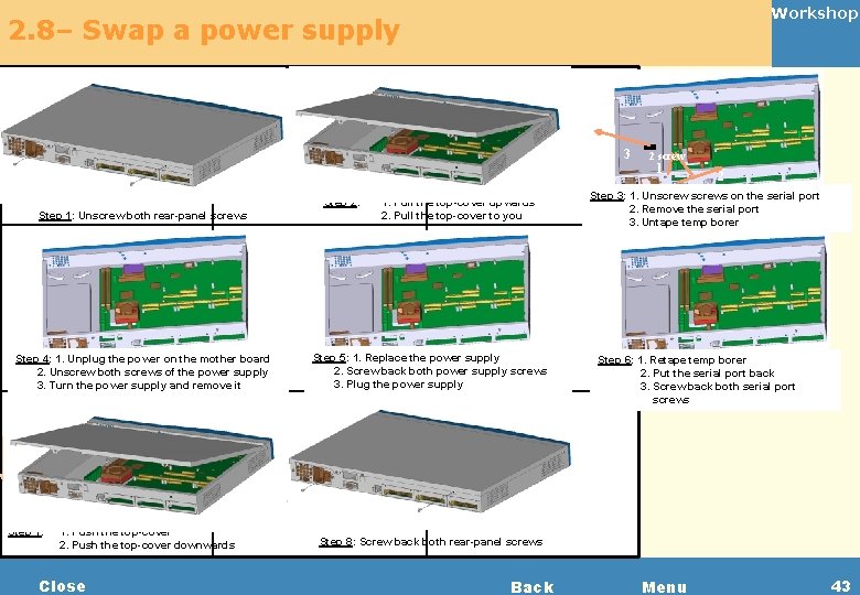 Workshop 2. 8– Swap a power supply 2 1 3 2 screw 1 Step