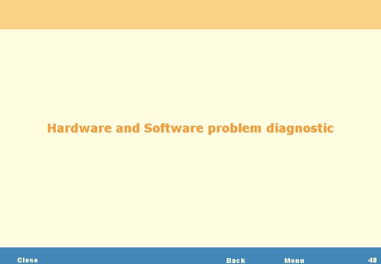 Hardware and Software problem diagnostic Close Back Menu 48 