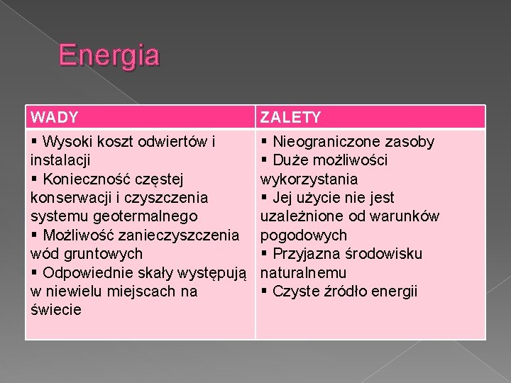 Energia WADY ZALETY § Wysoki koszt odwiertów i instalacji § Konieczność częstej konserwacji i