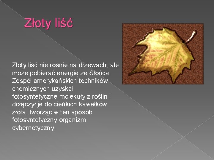 Złoty liść nie rośnie na drzewach, ale może pobierać energię ze Słońca. Zespół amerykańskich