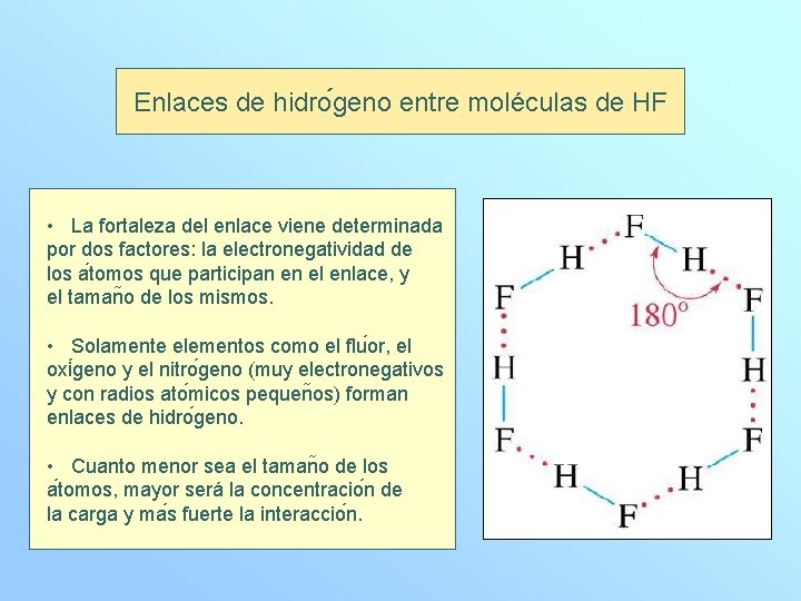 Enlaces de hidro geno entre moléculas de HF • La fortaleza del enlace viene
