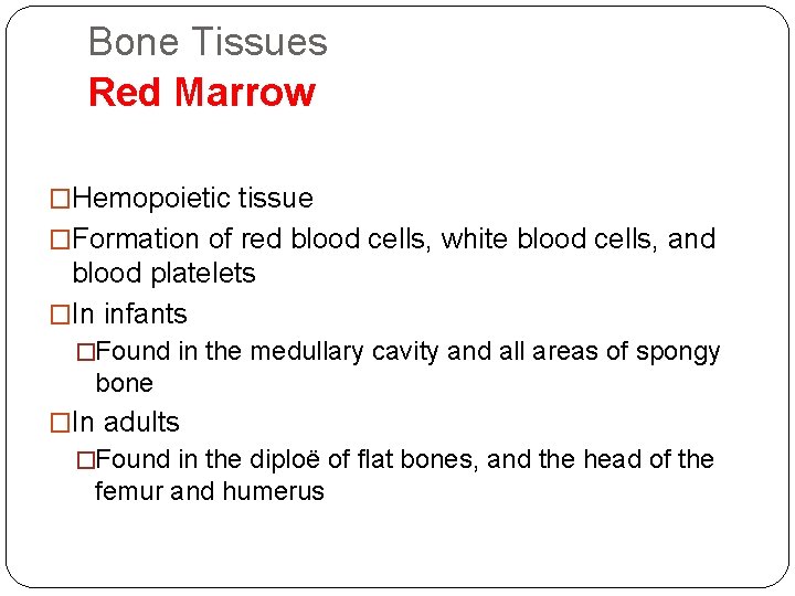 Bone Tissues Red Marrow �Hemopoietic tissue �Formation of red blood cells, white blood cells,
