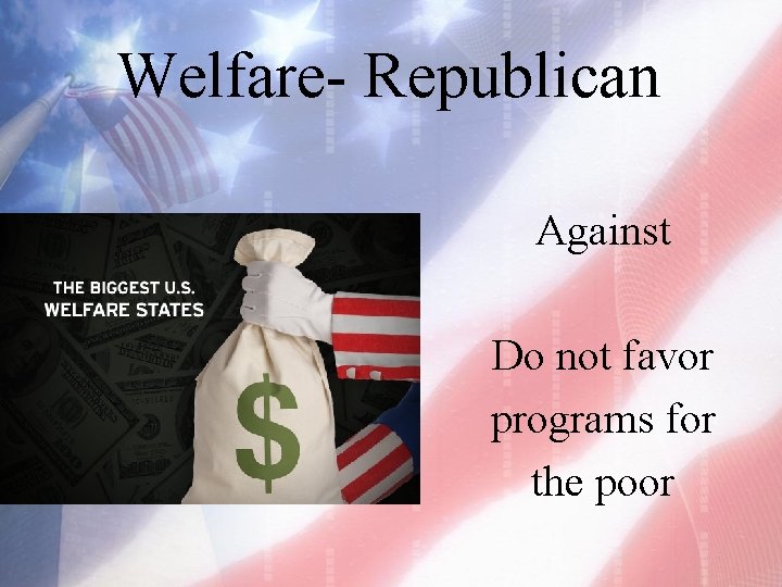 Welfare- Republican Against Do not favor programs for the poor 