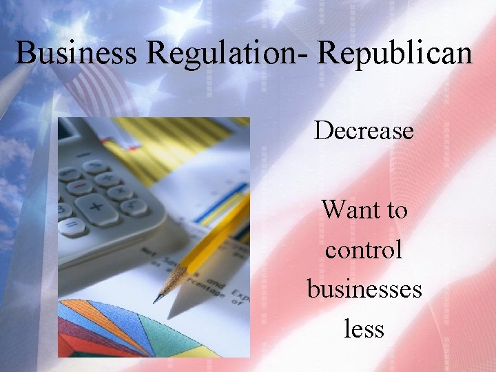 Business Regulation- Republican Decrease Want to control businesses less 