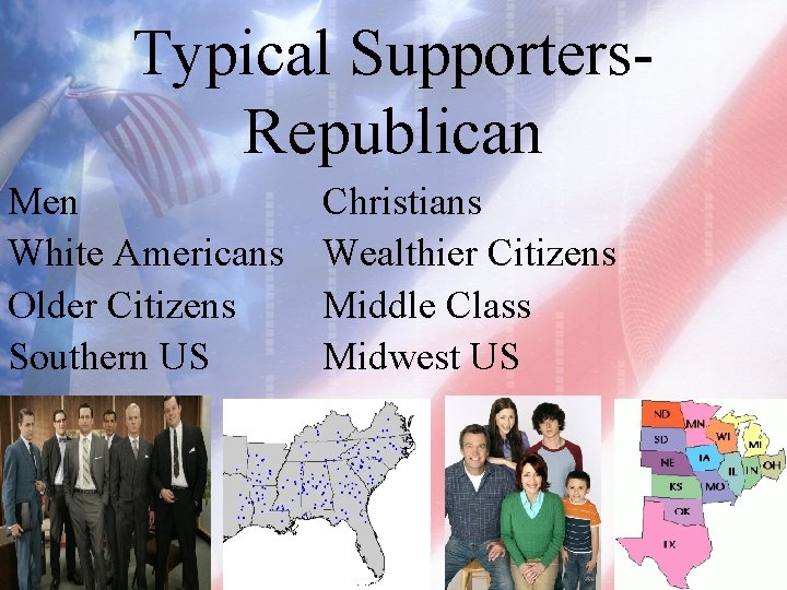 Typical Supporters. Republican Men White Americans Older Citizens Southern US Christians Wealthier Citizens Middle