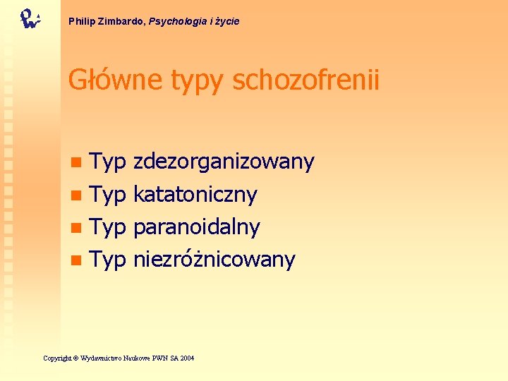 Philip Zimbardo, Psychologia i życie Główne typy schozofrenii Typ n zdezorganizowany katatoniczny paranoidalny niezróżnicowany