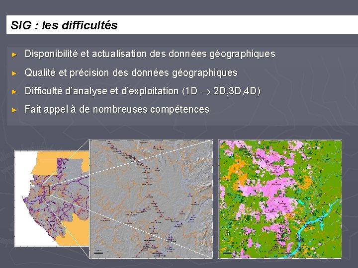 SIG : les difficultés ► Disponibilité et actualisation des données géographiques ► Qualité et