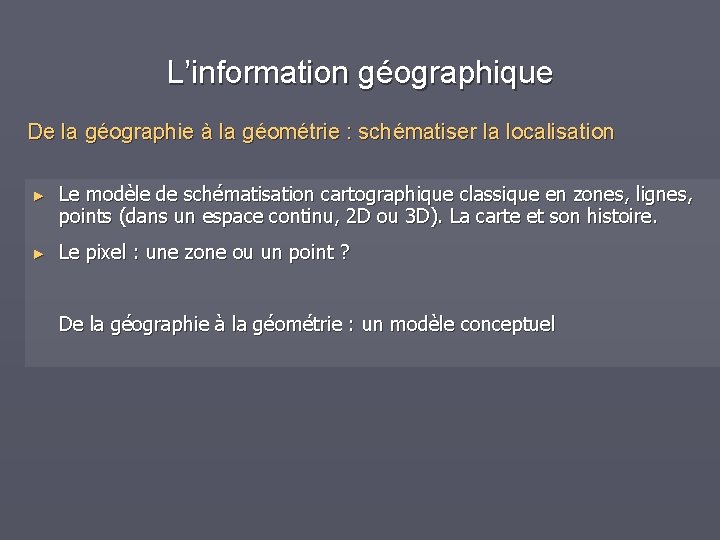 L’information géographique De la géographie à la géométrie : schématiser la localisation ► Le
