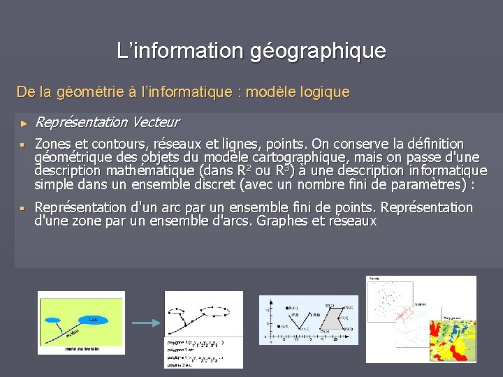 L’information géographique De la géométrie à l’informatique : modèle logique ► Représentation Vecteur §