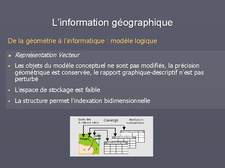 L’information géographique De la géométrie à l’informatique : modèle logique ► Représentation Vecteur §