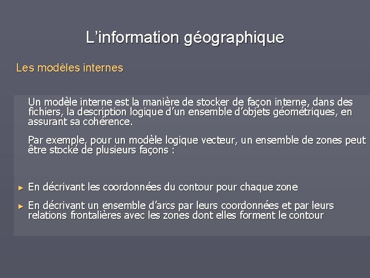 L’information géographique Les modèles internes Un modèle interne est la manière de stocker de