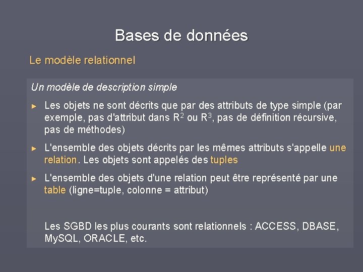 Bases de données Le modèle relationnel Un modèle de description simple ► Les objets