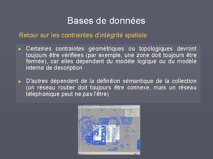 Bases de données Retour sur les contraintes d’intégrité spatiale ► Certaines contraintes géométriques ou