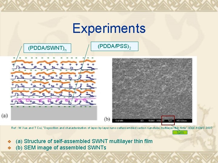 Experiments (PDDA/SWNT)n (PDDA/PSS)2 Ref : W Xue and T Cui, “Deposition and characterization of