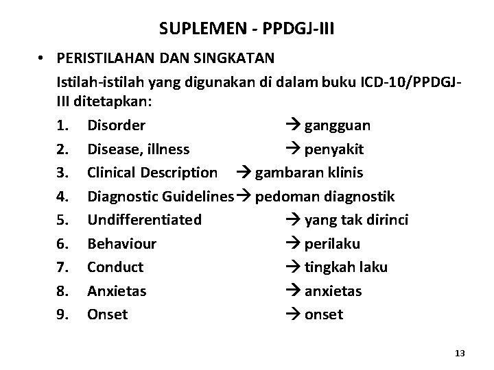 SUPLEMEN - PPDGJ-III • PERISTILAHAN DAN SINGKATAN Istilah-istilah yang digunakan di dalam buku ICD-10/PPDGJIII