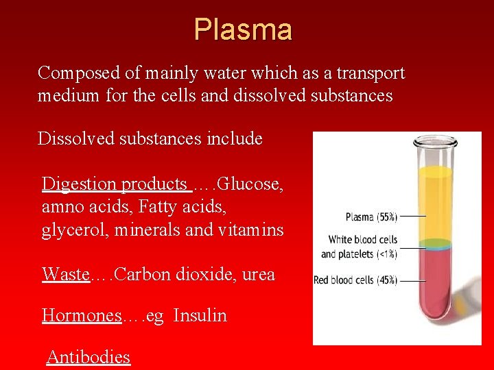 Plasma Composed of mainly water which as a transport medium for the cells and