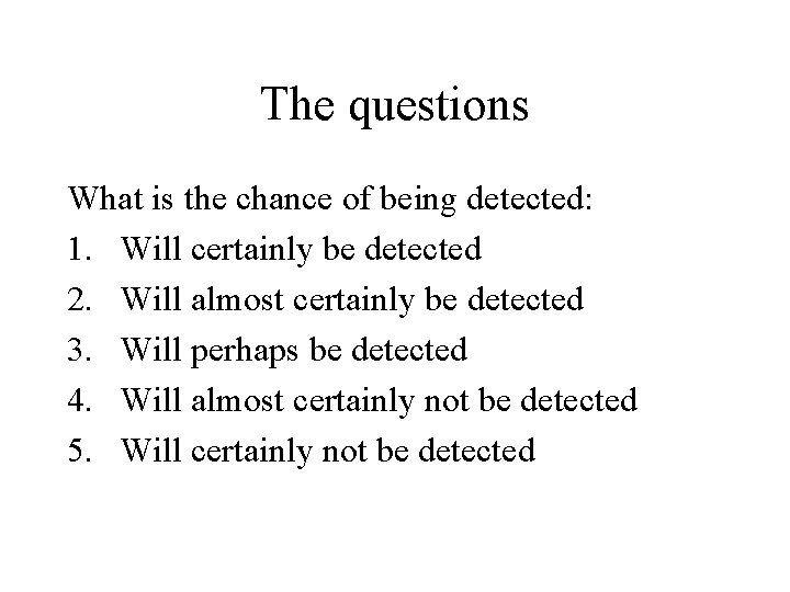 The questions What is the chance of being detected: 1. Will certainly be detected