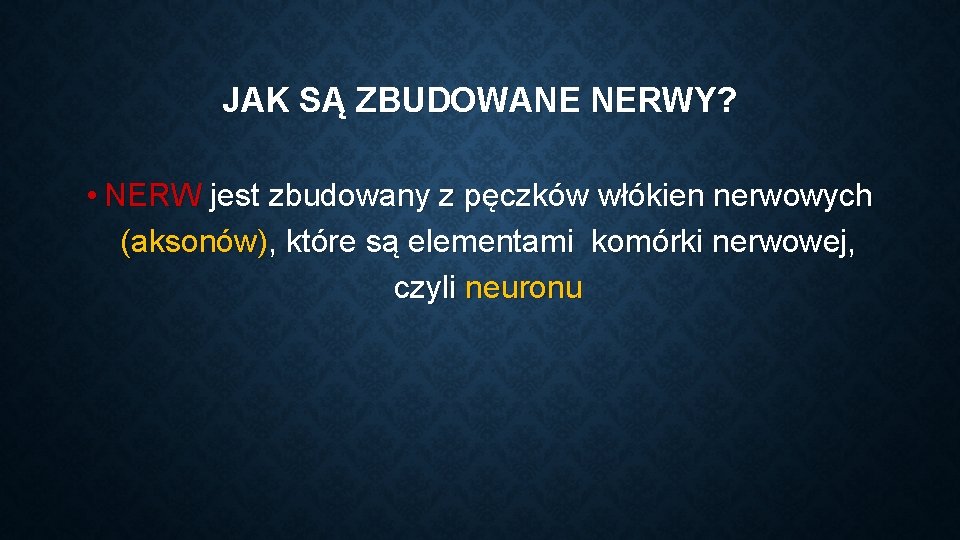 JAK SĄ ZBUDOWANE NERWY? • NERW jest zbudowany z pęczków włókien nerwowych (aksonów), które