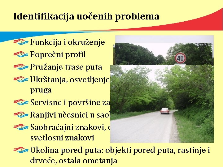 Identifikacija uočenih problema Funkcija i okruženje Poprečni profil Pružanje trase puta Ukrštanja, osvetljenje, prelazi