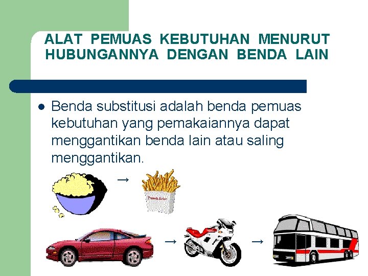 ALAT PEMUAS KEBUTUHAN MENURUT HUBUNGANNYA DENGAN BENDA LAIN l Benda substitusi adalah benda pemuas