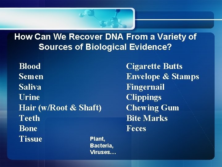 How Can We Recover DNA From a Variety of Sources of Biological Evidence? Blood