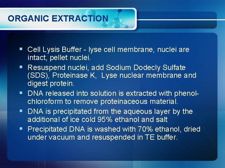 ORGANIC EXTRACTION § Cell Lysis Buffer - lyse cell membrane, nuclei are § §