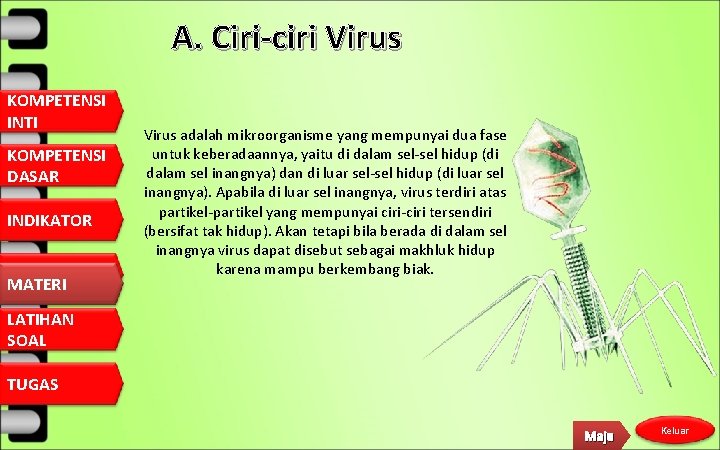 A. Ciri-ciri Virus KOMPETENSI INTI KOMPETENSI DASAR INDIKATOR MATERI Virus adalah mikroorganisme yang mempunyai