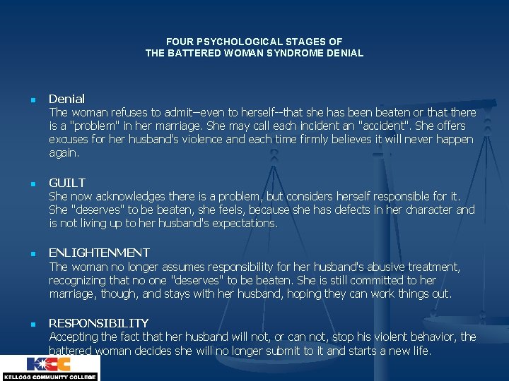 FOUR PSYCHOLOGICAL STAGES OF THE BATTERED WOMAN SYNDROME DENIAL n n Denial The woman