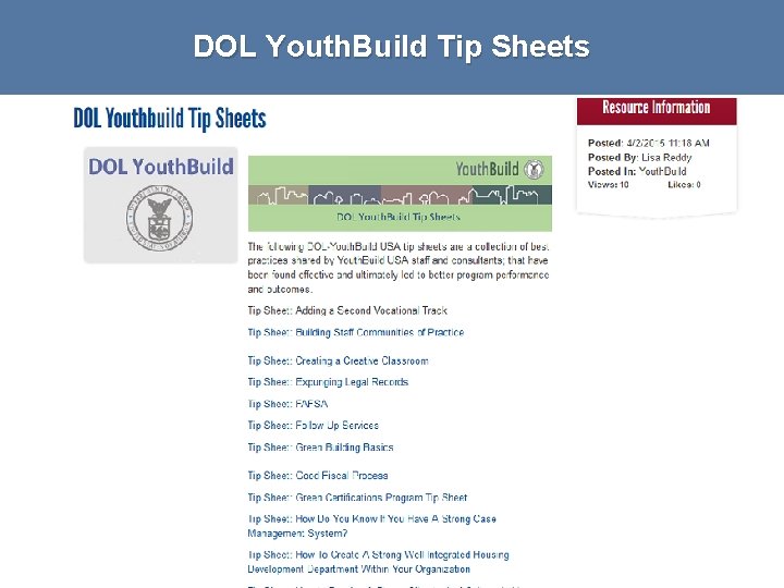 DOL Youth. Build Tip Sheets # 13 