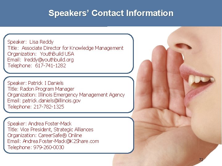 Speakers’ Contact Information Speaker: Lisa Reddy Title: Associate Director for Knowledge Management Organization: Youth.