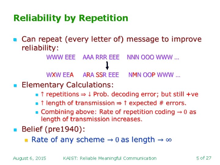 Reliability by Repetition n August 6, 2015 KAIST: Reliable Meaningful Communication 5 of 27