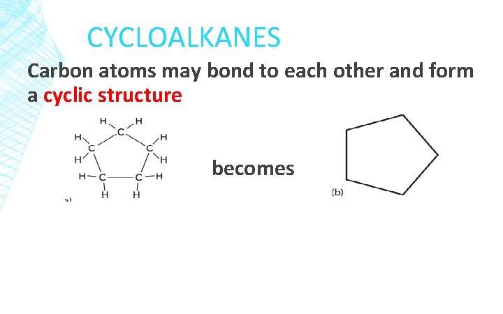 CYCLOALKANES Carbon atoms may bond to each other and form a cyclic structure becomes