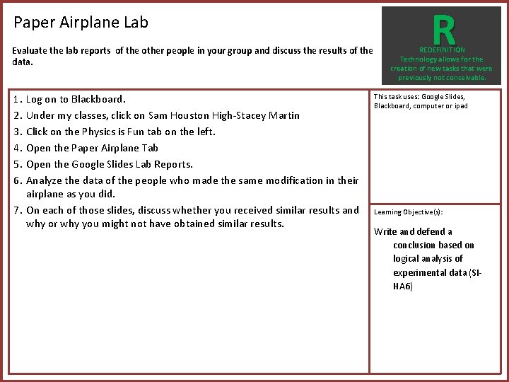 Paper Airplane Lab Evaluate the lab reports of the other people in your group