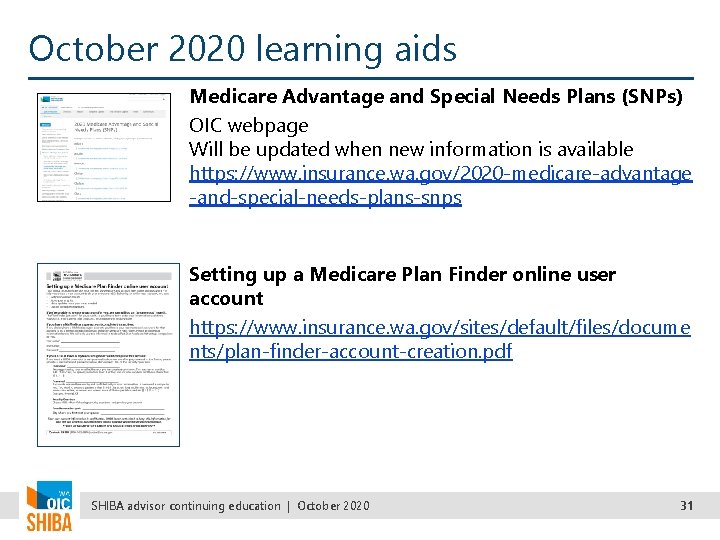 October 2020 learning aids Medicare Advantage and Special Needs Plans (SNPs) OIC webpage Will