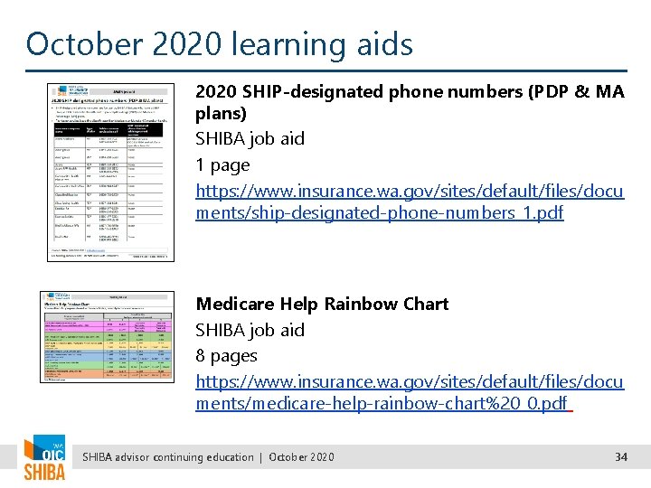 October 2020 learning aids 2020 SHIP-designated phone numbers (PDP & MA plans) SHIBA job