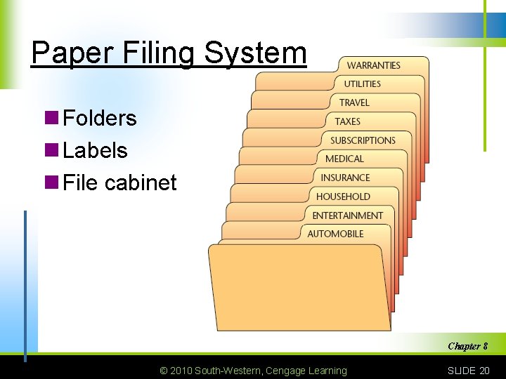 Paper Filing System n Folders n Labels n File cabinet Chapter 8 © 2010