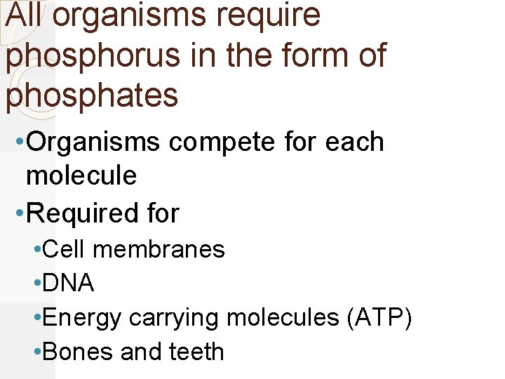 All organisms require phosphorus in the form of phosphates • Organisms compete for each
