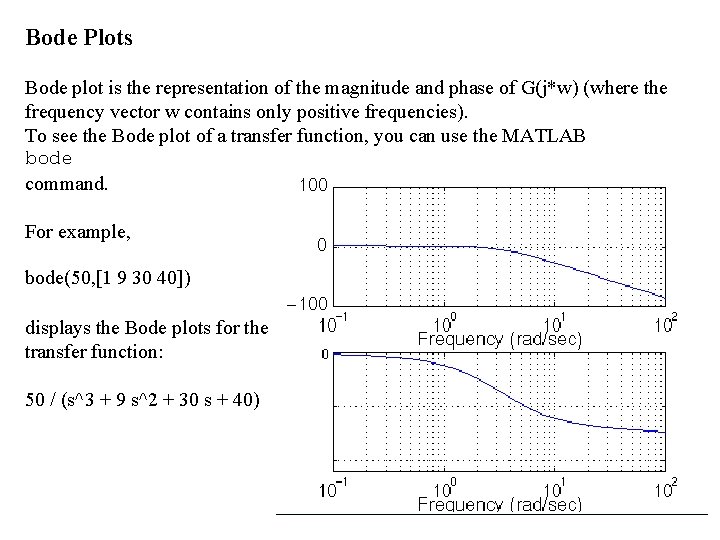Bode Plots Bode plot is the representation of the magnitude and phase of G(j*w)