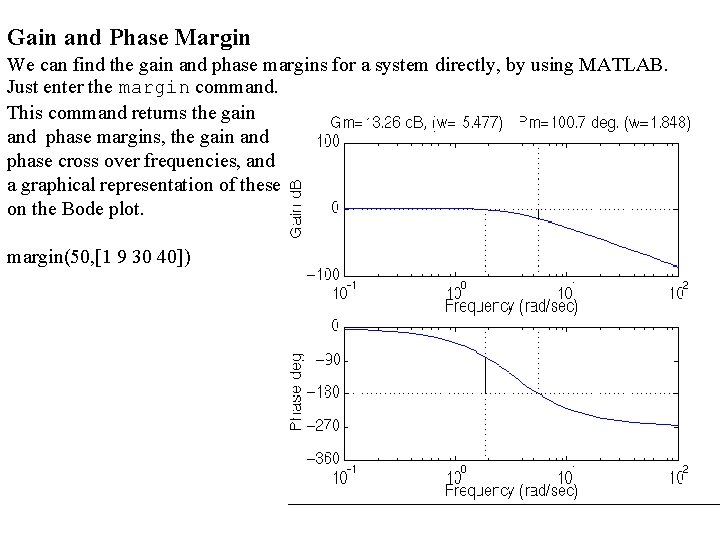 Gain and Phase Margin We can find the gain and phase margins for a