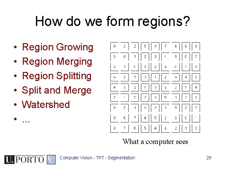 How do we form regions? • • • Region Growing Region Merging Region Splitting How do we form regions? • • • Region Growing Region Merging Region Splitting