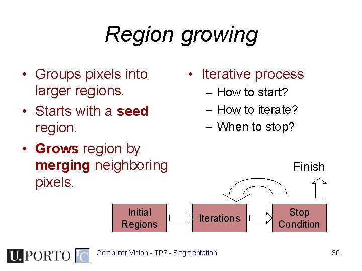 Region growing • Groups pixels into larger regions. • Starts with a seed region. Region growing • Groups pixels into larger regions. • Starts with a seed region.
