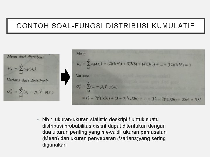 CONTOH SOAL-FUNGSI DISTRIBUSI KUMULATIF • Nb : ukuran-ukuran statistic deskriptif untuk suatu distribusi probabilitas