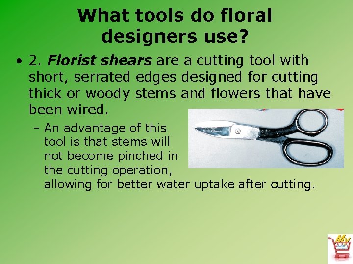 What tools do floral designers use? • 2. Florist shears are a cutting tool