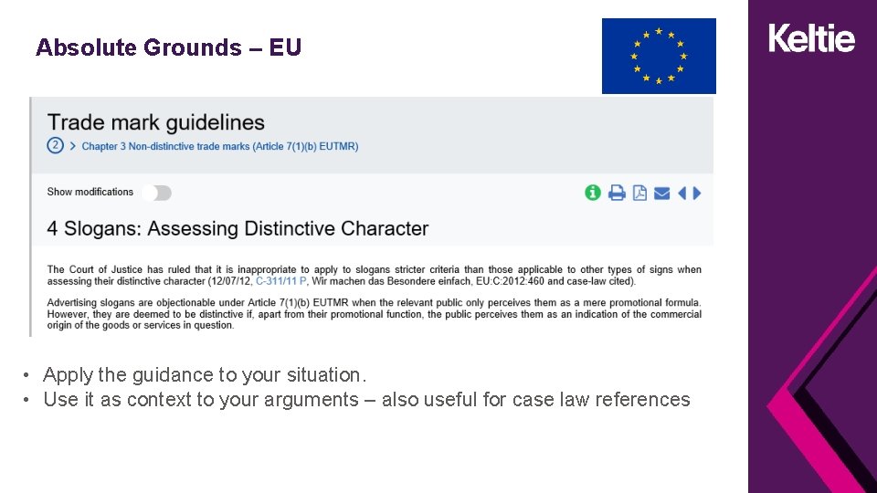 Absolute Grounds – EU • Apply the guidance to your situation. • Use it