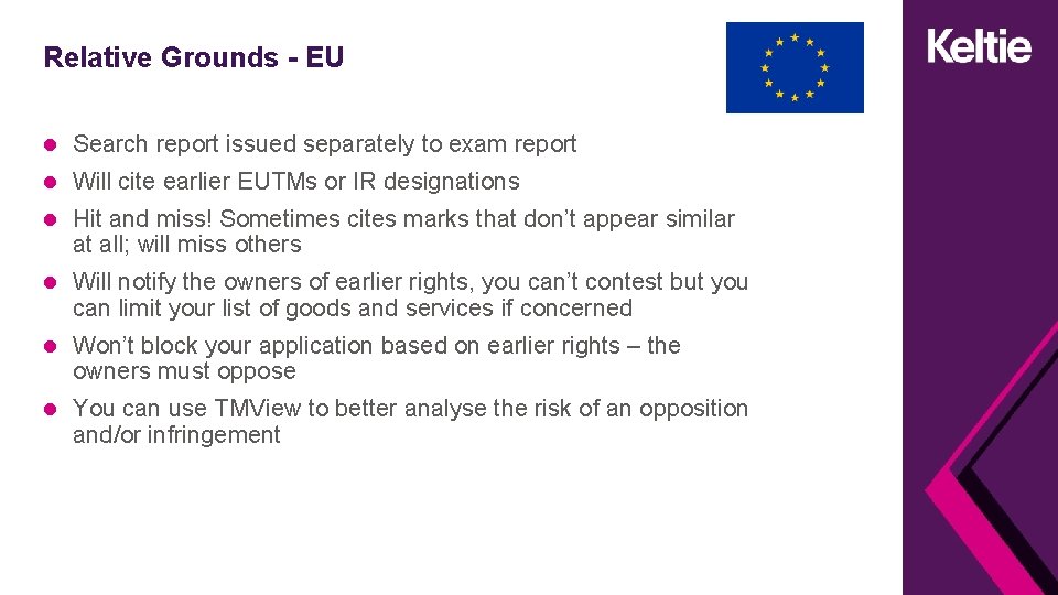 Relative Grounds - EU Search report issued separately to exam report Will cite earlier